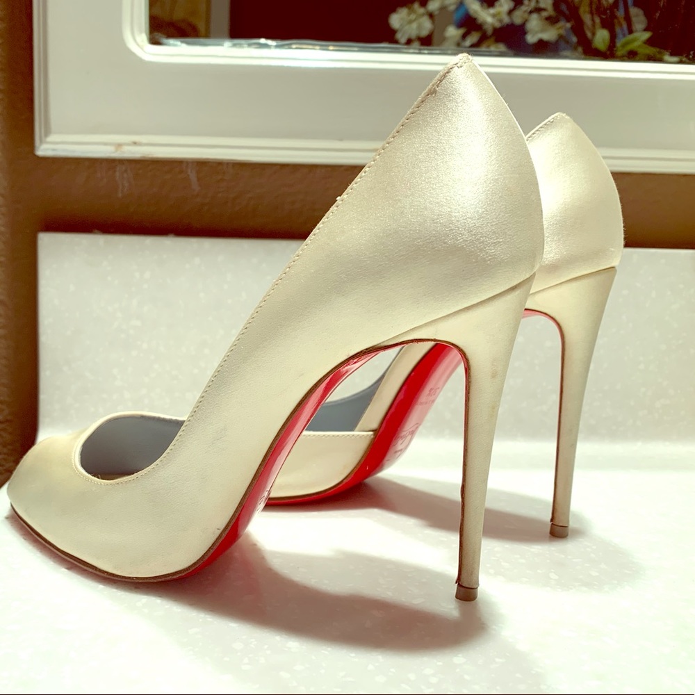 Christian louboutin white satin peep toe heels